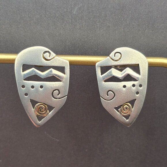 VTG Sterling Silver Abstract Post Earrings 1" Gold Accent Swirl 4.72g - Picture 1 of 7